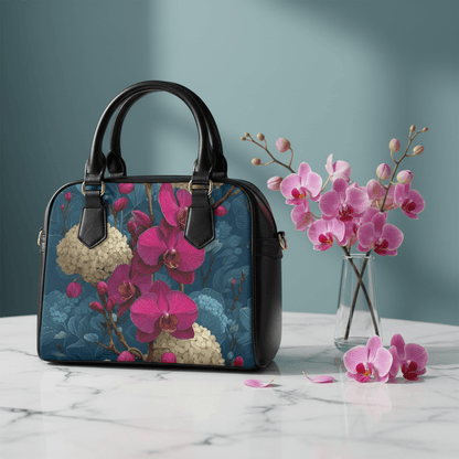 Floral Orchid Shoulder Handbag – PU Leather, Black - LucyKay store
