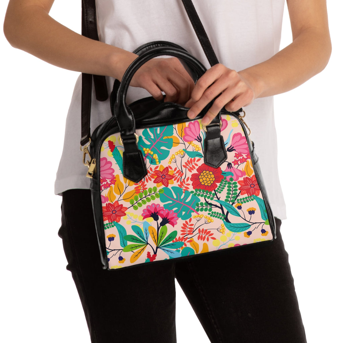 Floral Vegan Leather Shoulder Handbag with Elegant Floral Pattern - LucyKay store