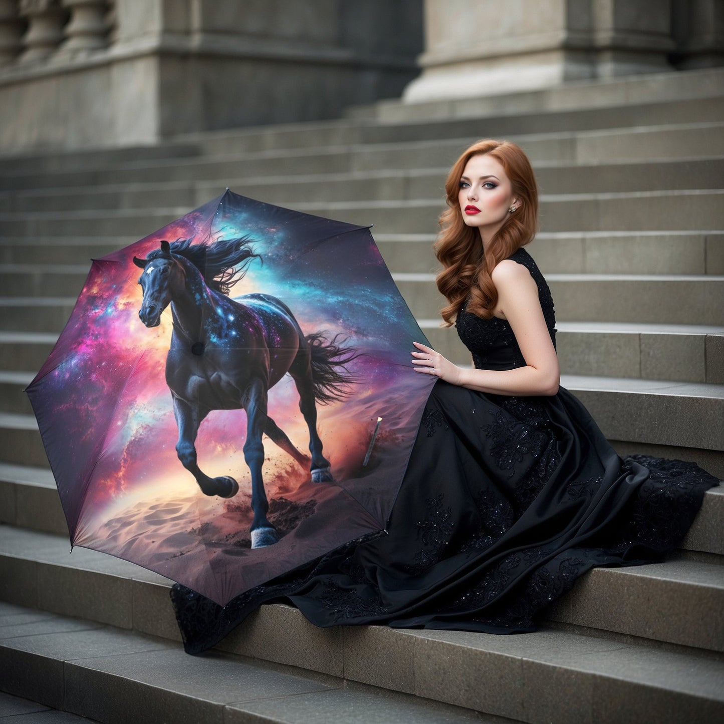 Foldable umbrella - Majestic Black Horse Design - LucyKay store