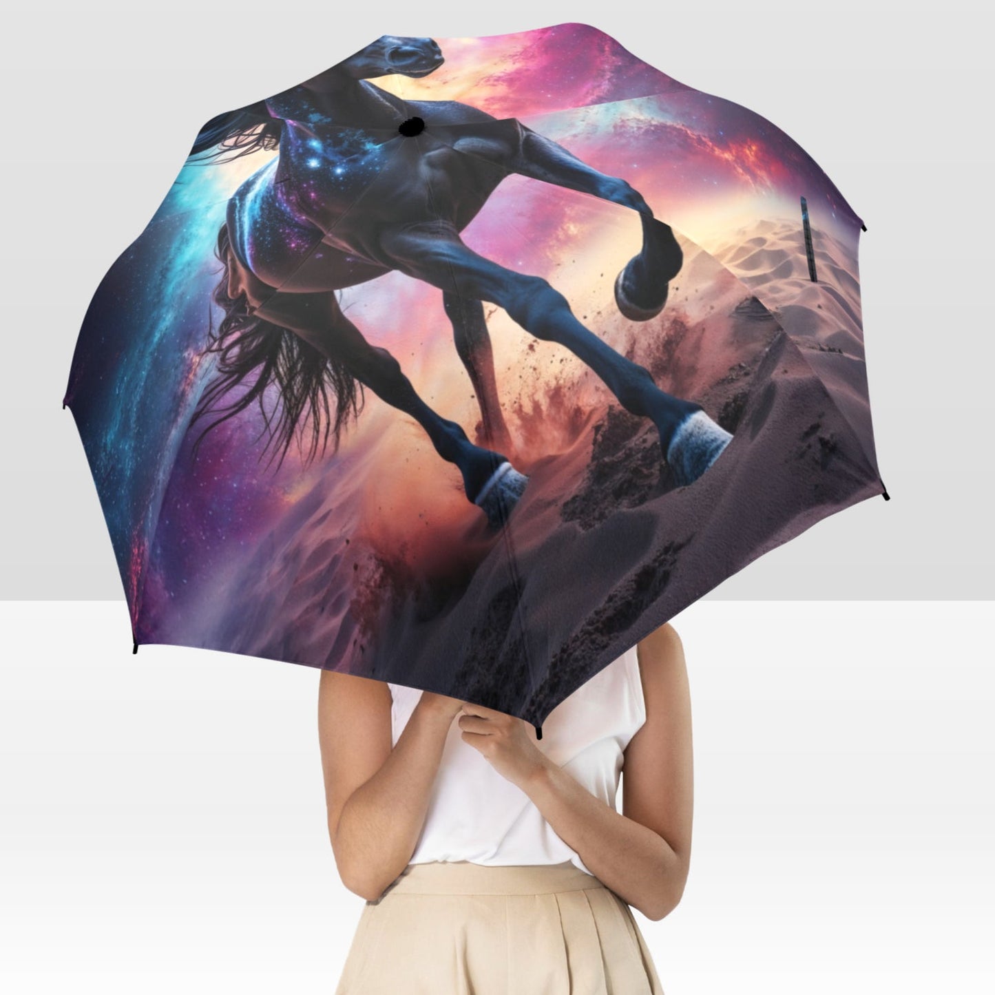 Foldable umbrella - Majestic Black Horse Design - LucyKay store