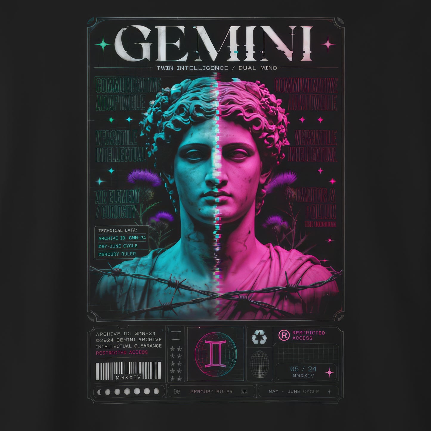 Detail of  t-shirt print design of 'Gemini' with classical statue design and futuristic elements on a dark background