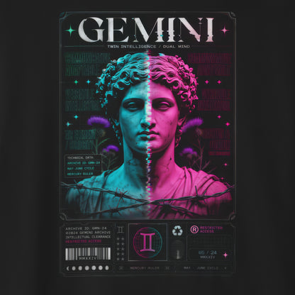 Detail of  t-shirt print design of 'Gemini' with classical statue design and futuristic elements on a dark background