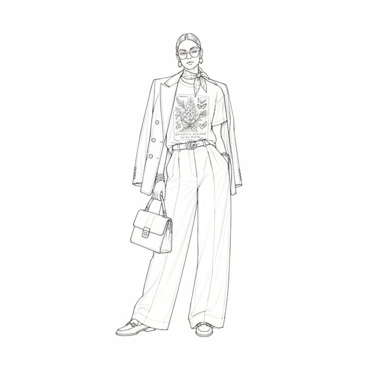 A black and white fashion illustration of a woman wearing a tailored outfit with a blazer, graphic T-shirt, wide-leg trousers, scarf, belt, handbag, glasses, and loafers on a plain white background.