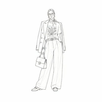 A black and white fashion illustration of a woman wearing a tailored outfit with a blazer, graphic T-shirt, wide-leg trousers, scarf, belt, handbag, glasses, and loafers on a plain white background.