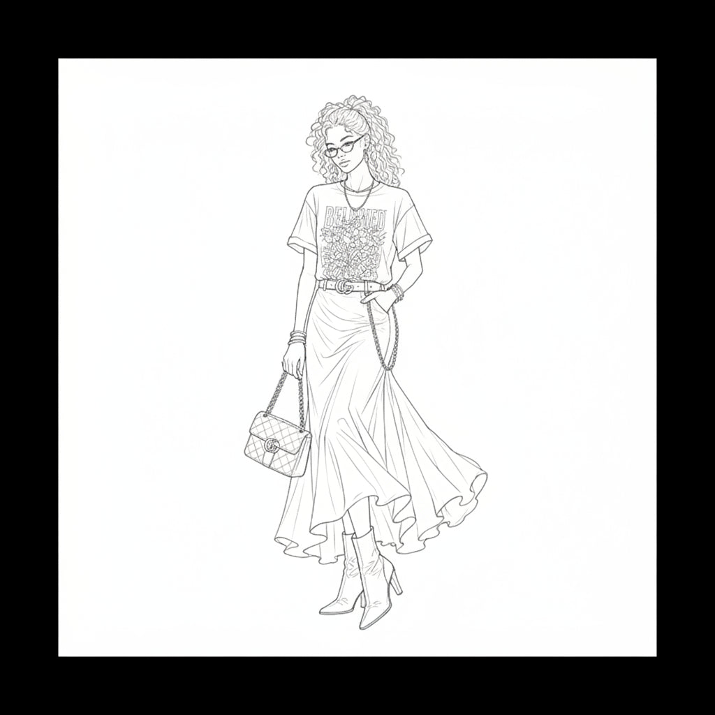 Black and white line art illustration of a woman with curly hair, glasses, a graphic t-shirt, a long skirt, a belt, a handbag, and high-heeled boots.