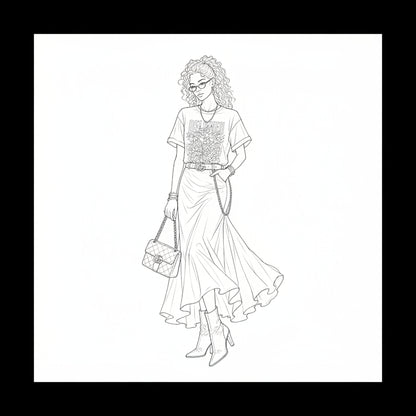 Black and white line art illustration of a woman with curly hair, glasses, a graphic t-shirt, a long skirt, a belt, a handbag, and high-heeled boots.