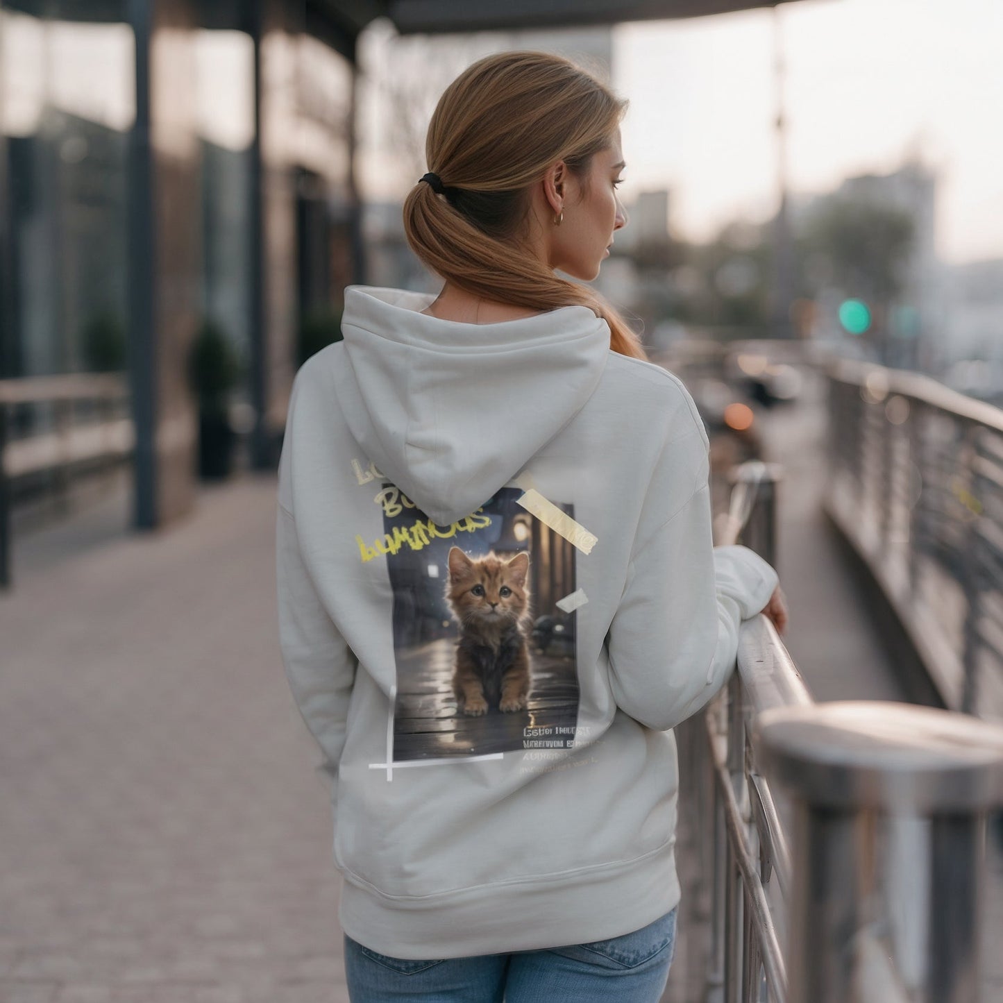 Rainy City Kitten Hoodie | Cute Cat Night Scene Pullover - LucyKay store