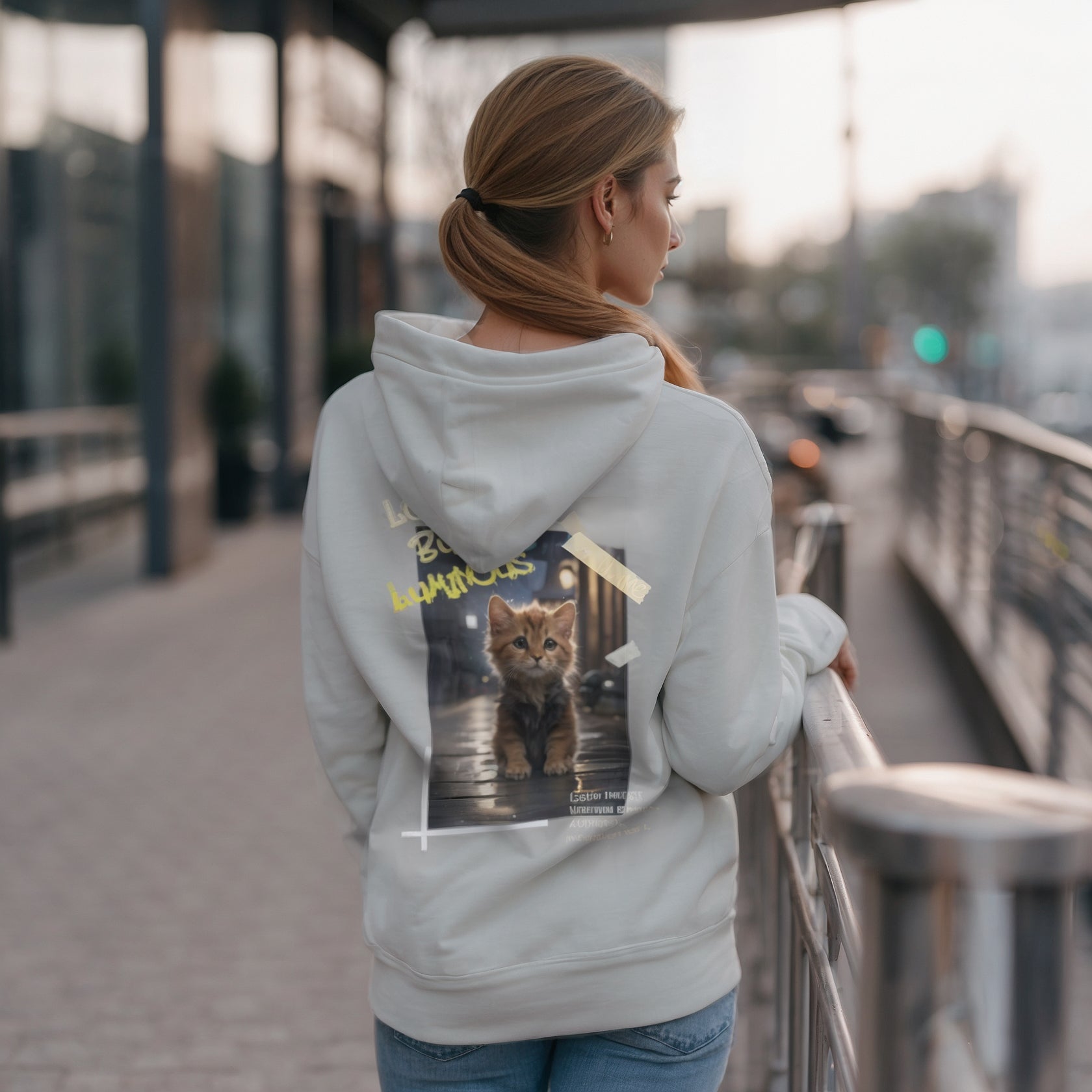 Rainy City Kitten Hoodie | Cute Cat Night Scene Pullover - LucyKay store
