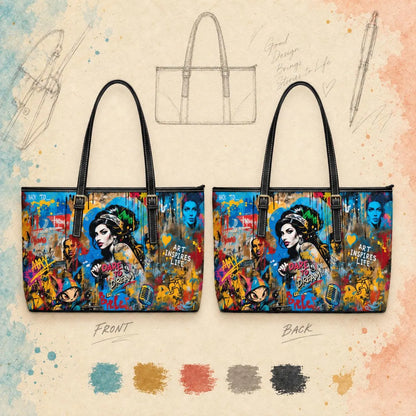Two tote bags shown front and back on a textured cream background with sketch drawings and paint swatches. The bags feature a colorful graffiti-style art print with a woman's portrait, text reading 'Art is Myself Life' and 'Don't Worry Bitch', and black handles.