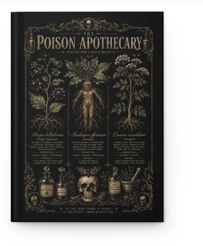 Book cover of 'The Poison Apothecary' with botanical illustrations and text on a black background.