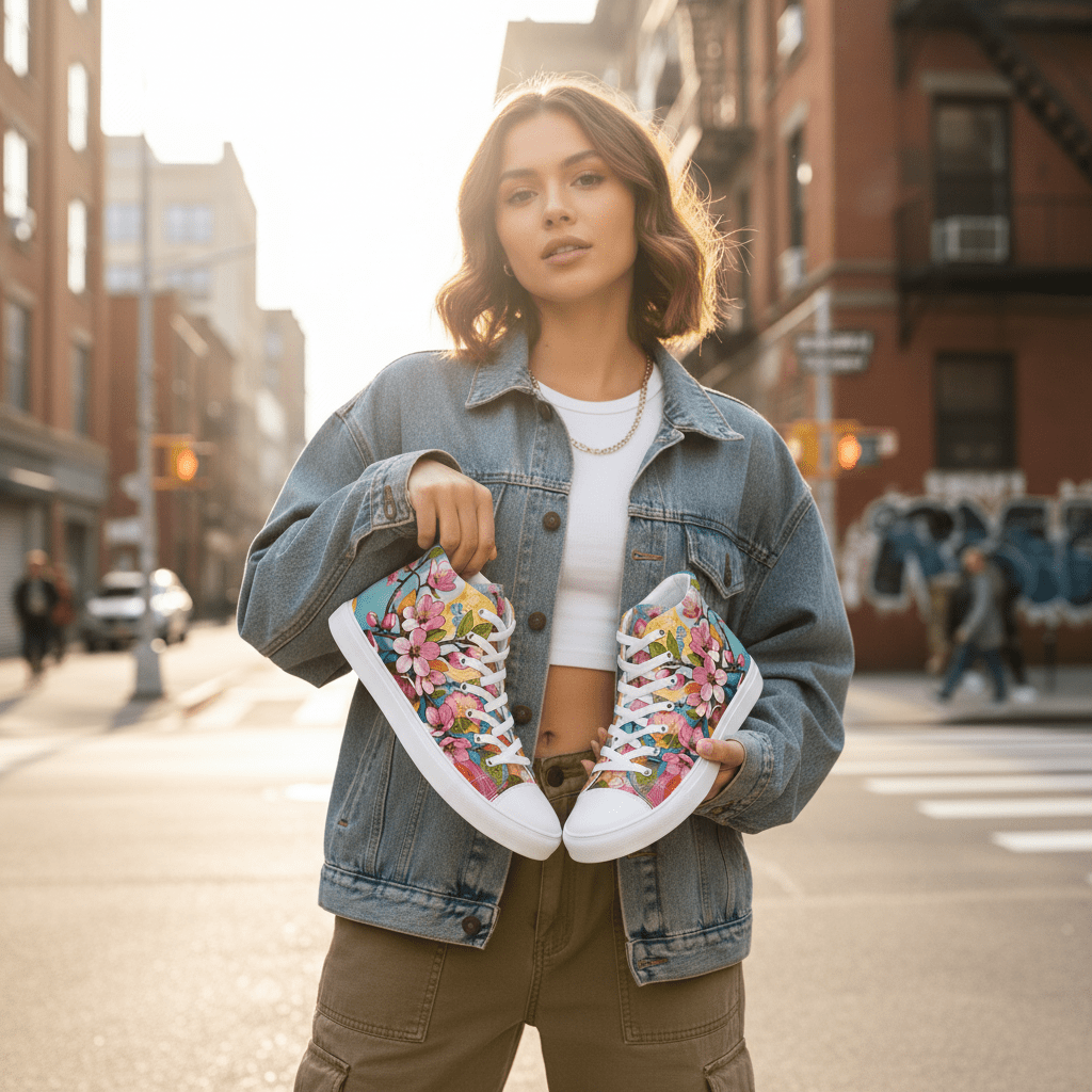 Women’s Floral High Top Sneakers – Colorful Canvas Streetwear Shoes - LucyKay store