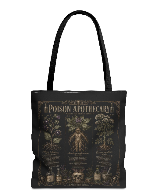 Black tote bag with 'Poison Apothecary' design featuring herbs and a skull on a white background.