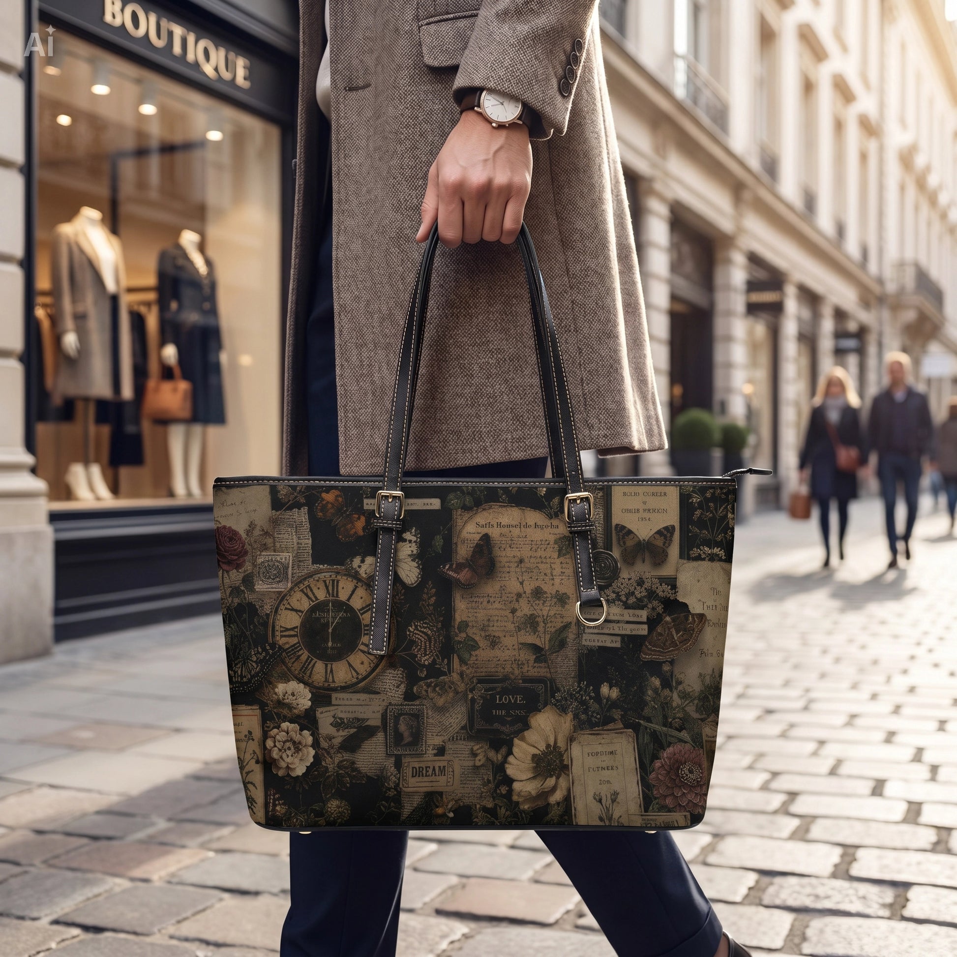 Person holding a floral patterned handbag on a city street