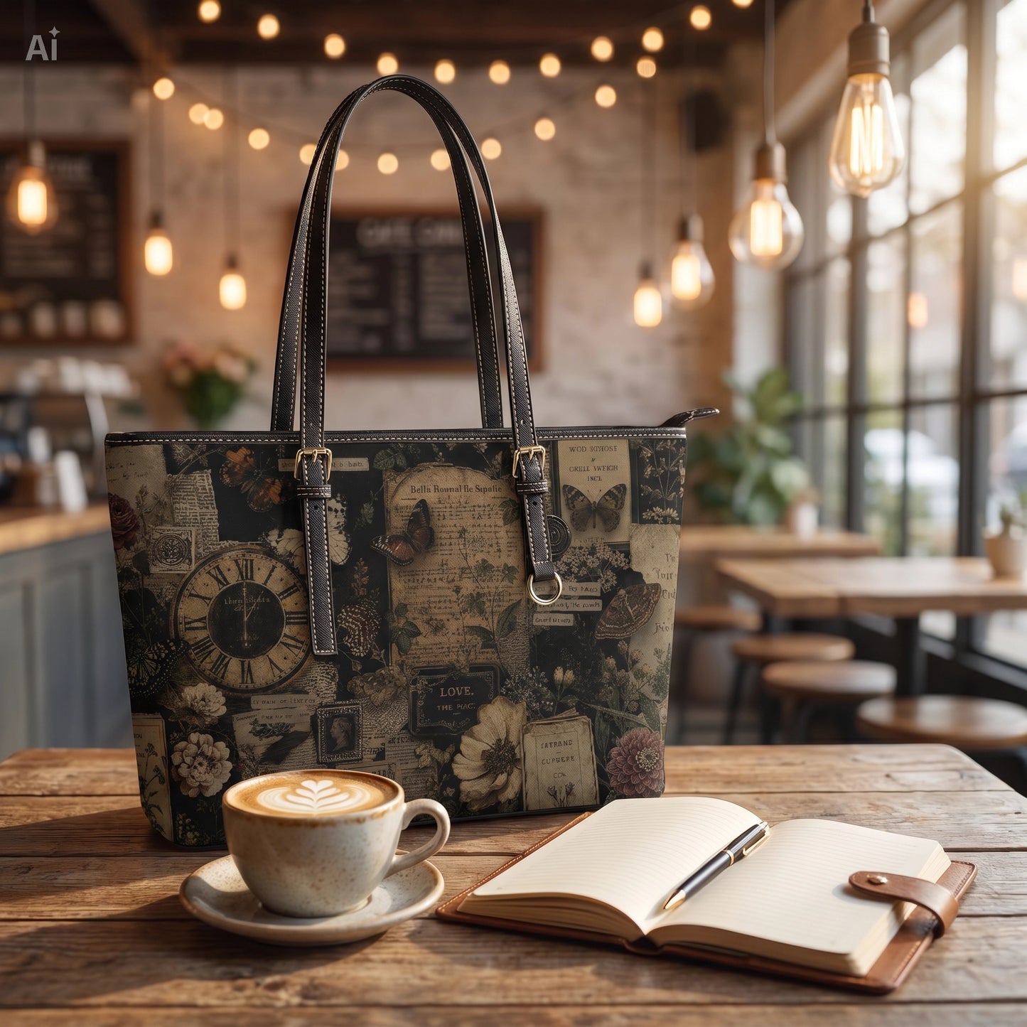 Vintage-patterned handbag on a table with a cup of coffee and notebook in a cozy cafe.