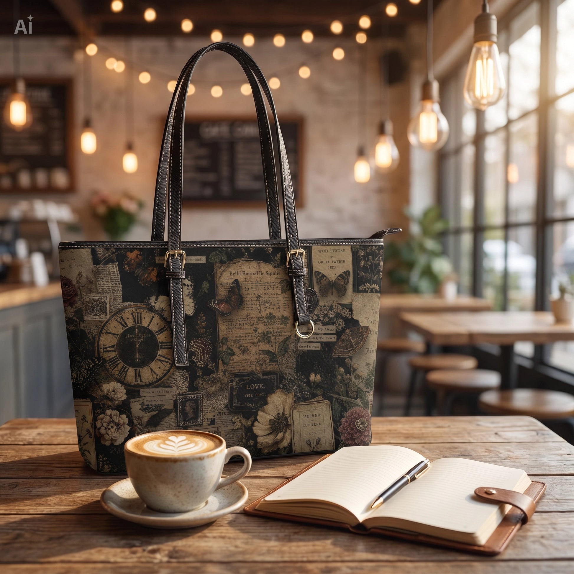 Vintage-patterned handbag on a table with a cup of coffee and notebook in a cozy cafe.