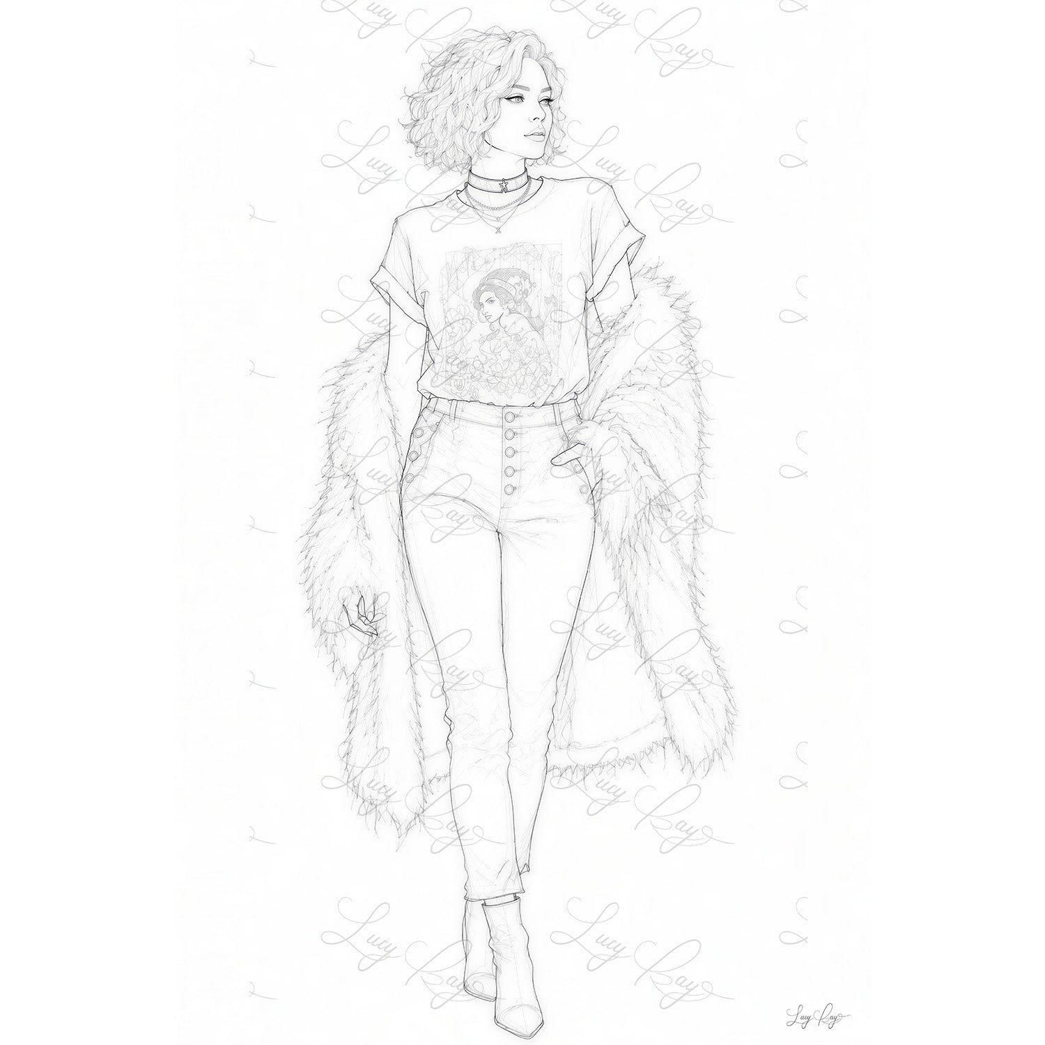 Line drawing of a person wearing a sweater and pants with a floral pattern.
