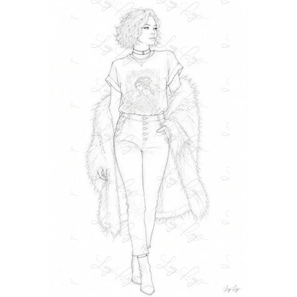Line drawing of a person wearing a sweater and pants with a floral pattern.