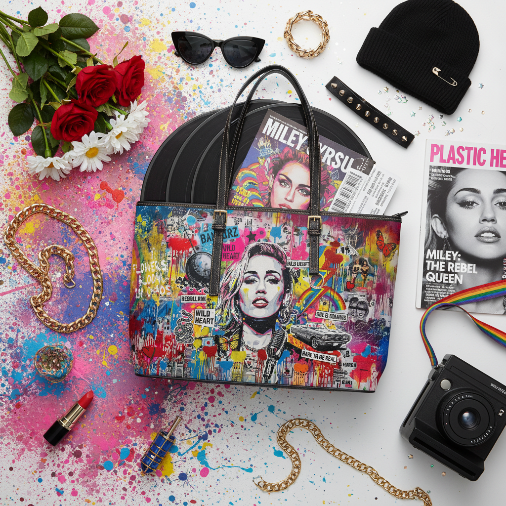 Graffiti Shoulder Bag - Pop Art Miley Cyrus PU Leather Tote - LucyKay store
