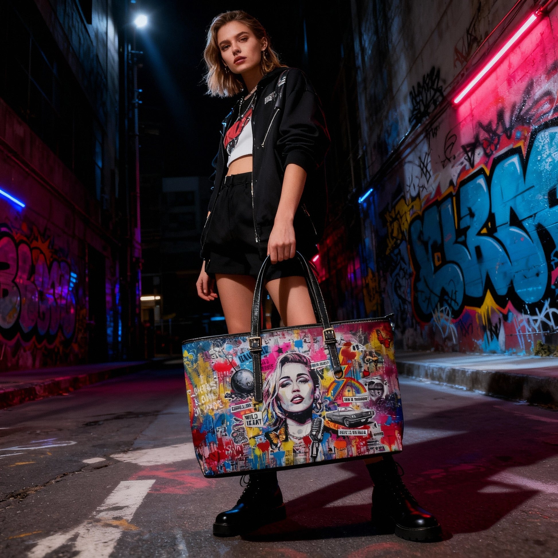 Graffiti Shoulder Bag - Pop Art Miley Cyrus PU Leather Tote - LucyKay store