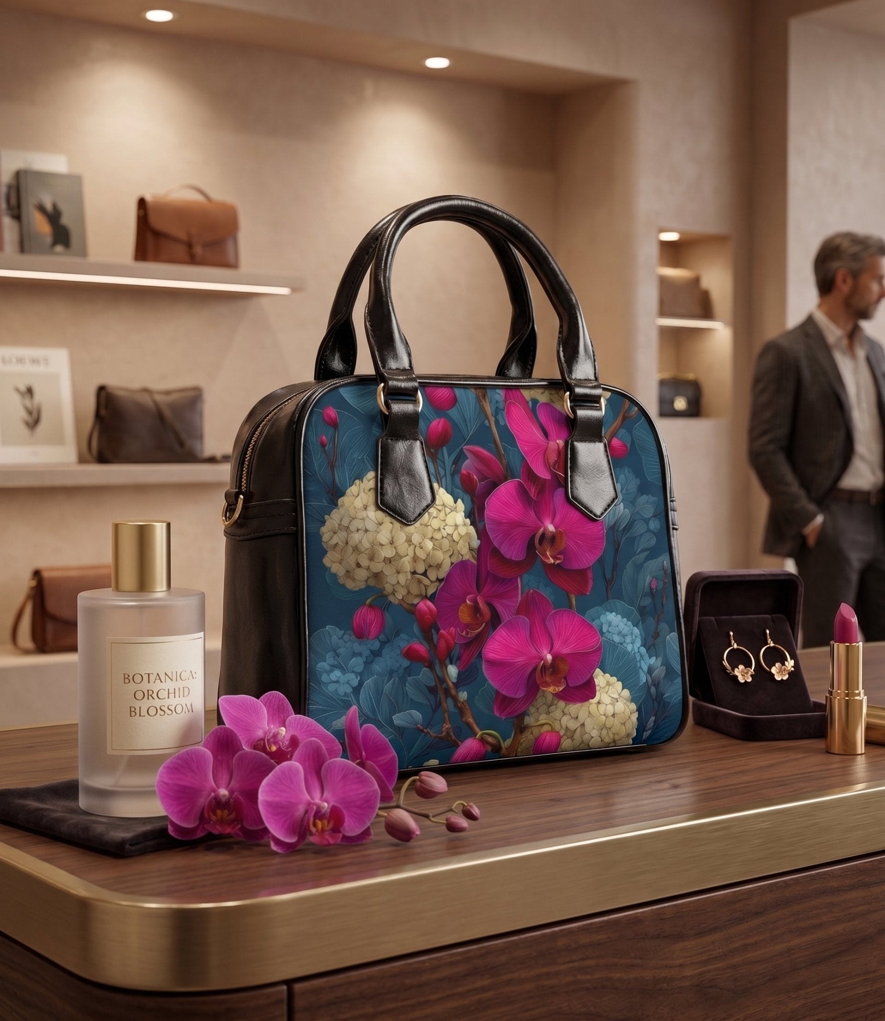 Floral Orchid Shoulder Handbag – PU Leather, Black - LucyKay store