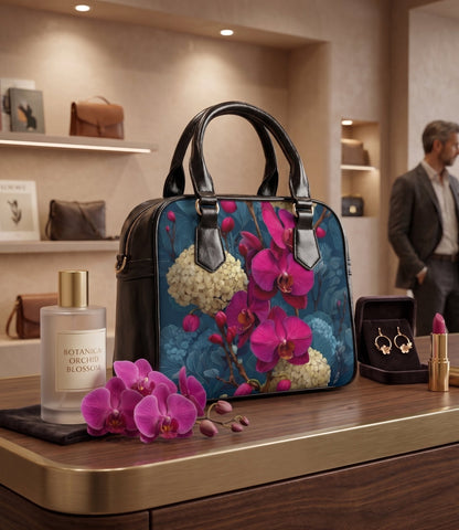 Floral Orchid Shoulder Handbag – PU Leather, Black - LucyKay store