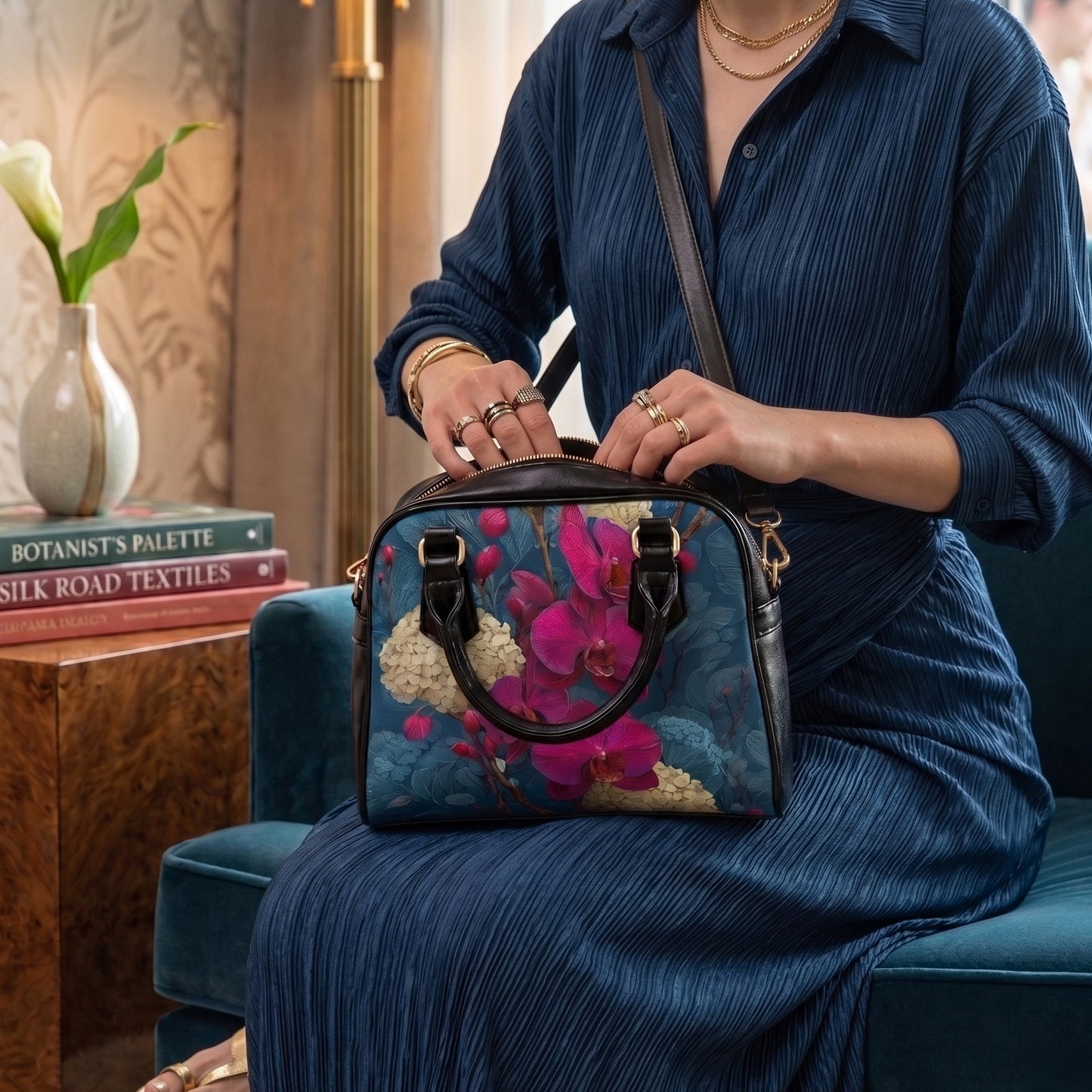 Floral Orchid Shoulder Handbag – PU Leather, Black - LucyKay store