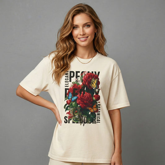 Peony Floral Oversized Tee - Vintage Botanical Boxy T-Shirt - LucyKay store