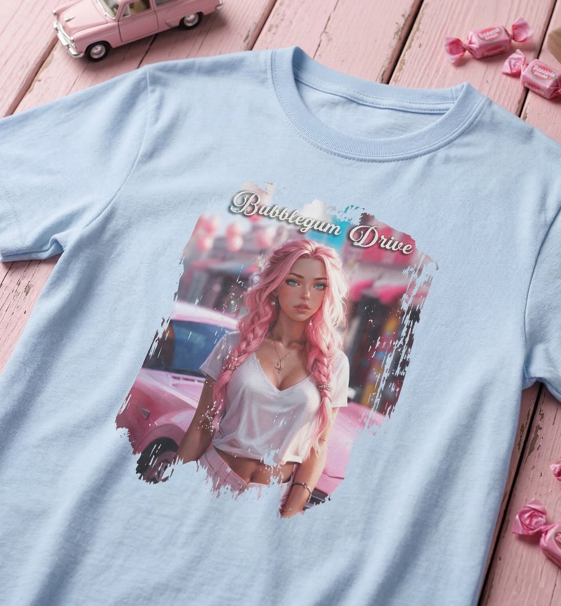 Bubblegum Drive T-Shirt - Pink Car Unisex Cotton Tee - LucyKay store
