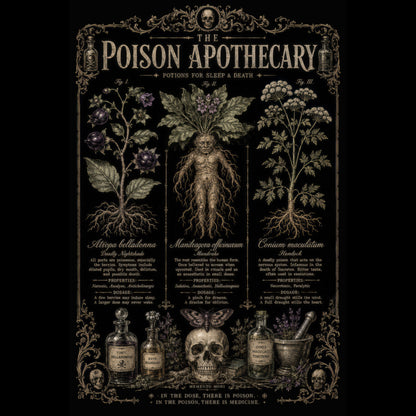 Vintage-style poster of 'The Poison Apothecary' with herbs, bottles, and a skull.