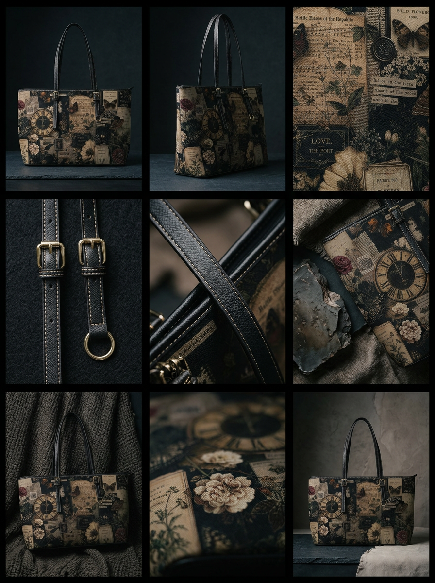 Collage of a floral-patterned handbag with various angles and details.