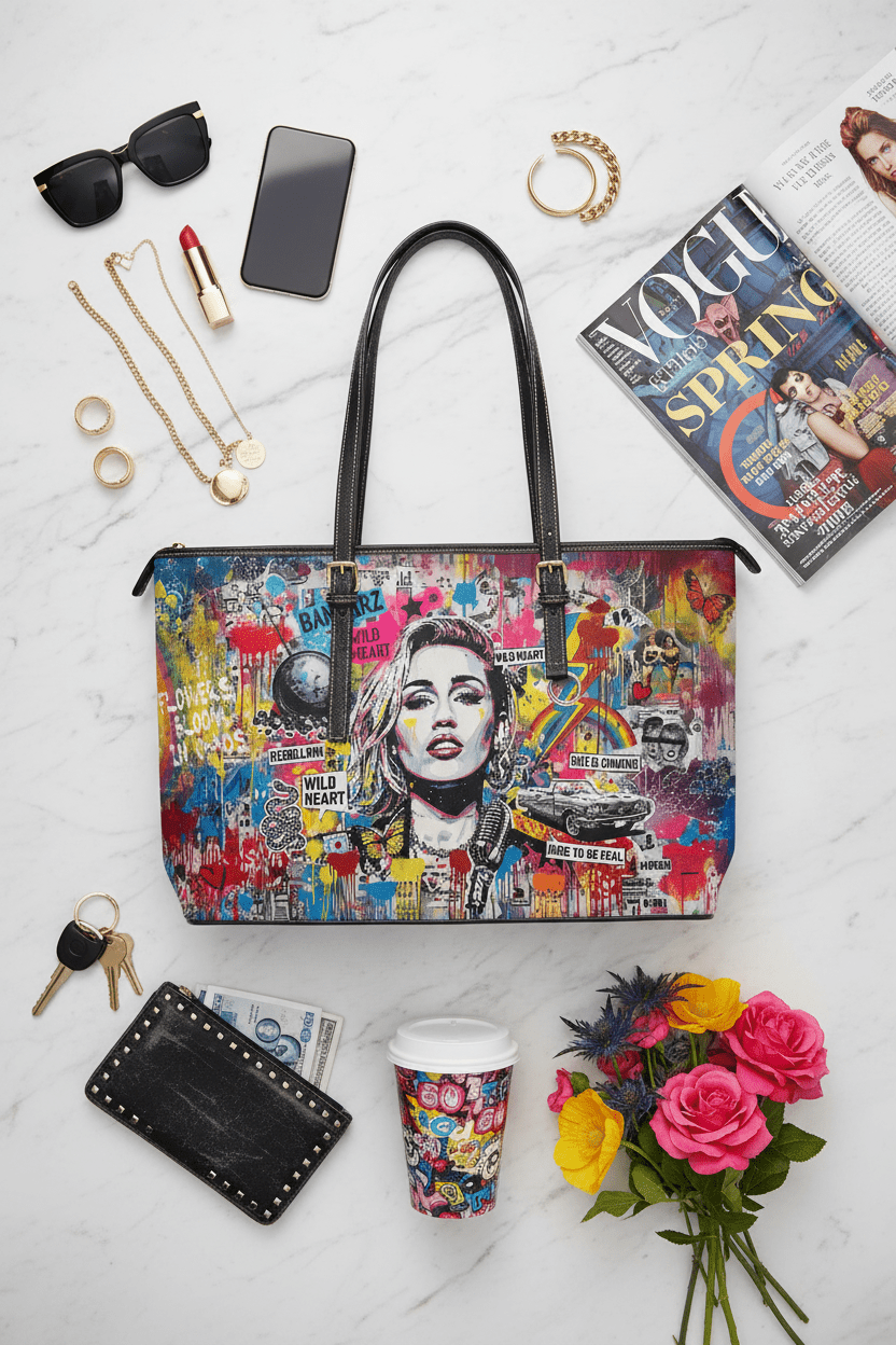 Graffiti Shoulder Bag - Pop Art Miley Cyrus PU Leather Tote - LucyKay store