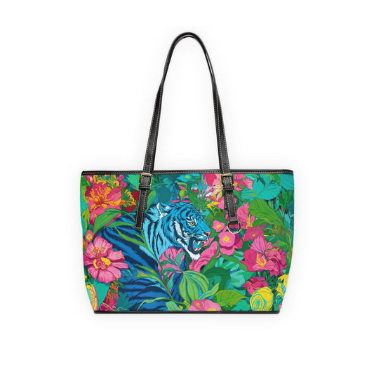PU Leather Shoulder Bag - Blue Tiger in Jungle Illustration - LucyKay store