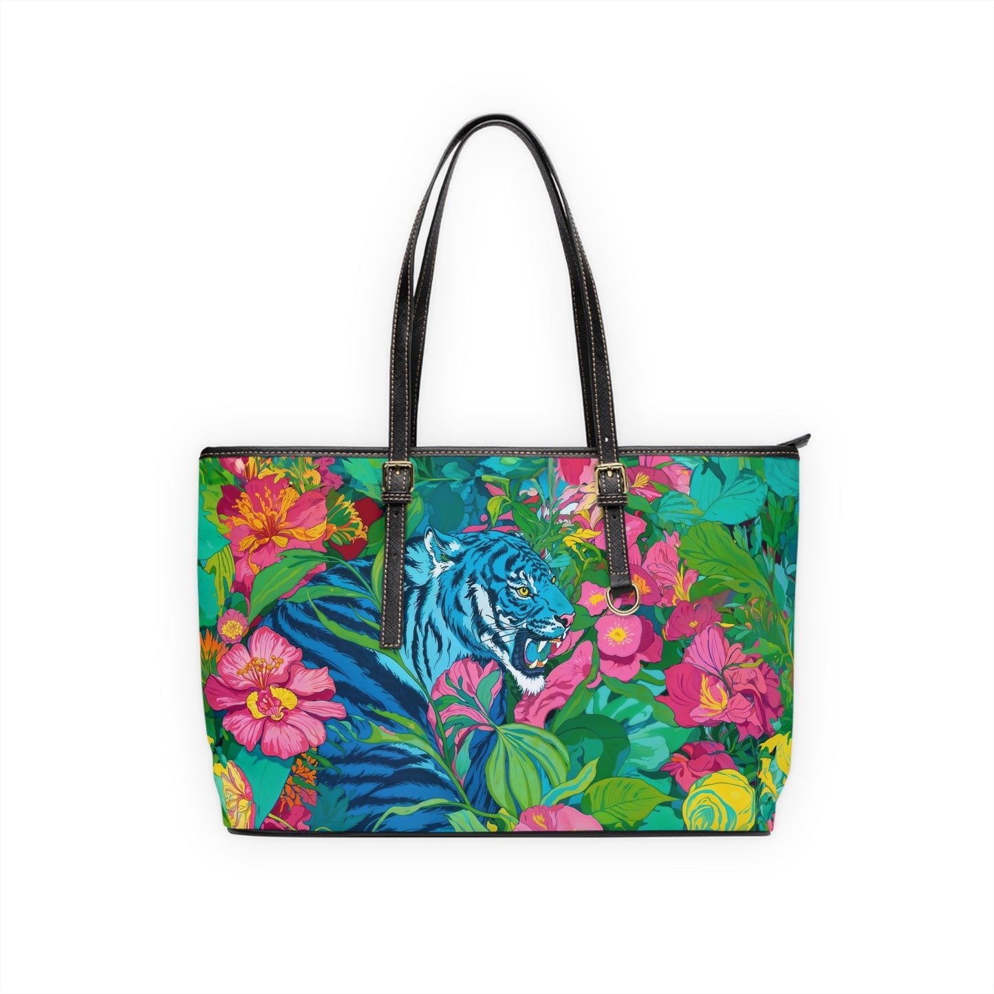 PU Leather Shoulder Bag - Blue Tiger in Jungle Illustration - LucyKay store