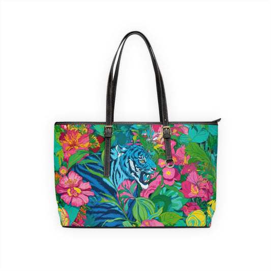 PU Leather Shoulder Bag - Blue Tiger in Jungle Illustration - LucyKay store