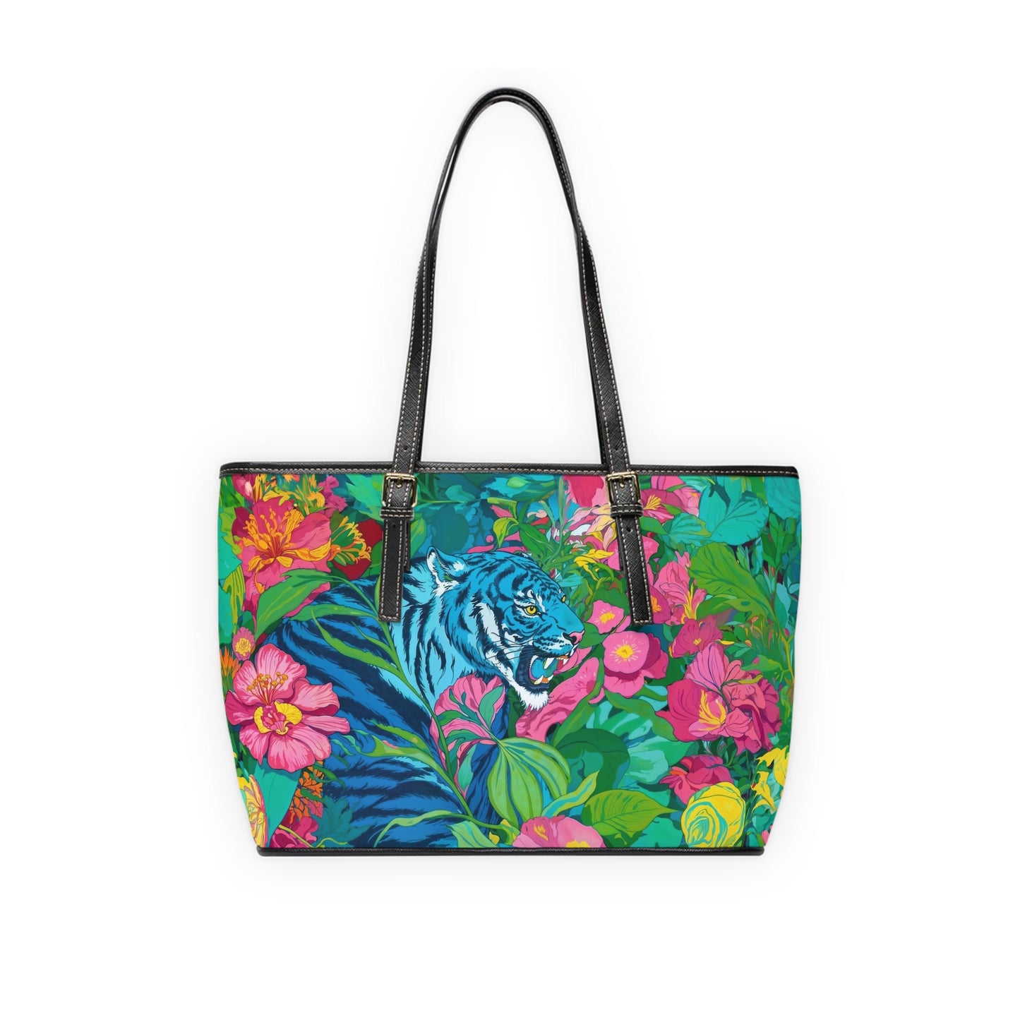 PU Leather Shoulder Bag - Blue Tiger in Jungle Illustration - LucyKay store