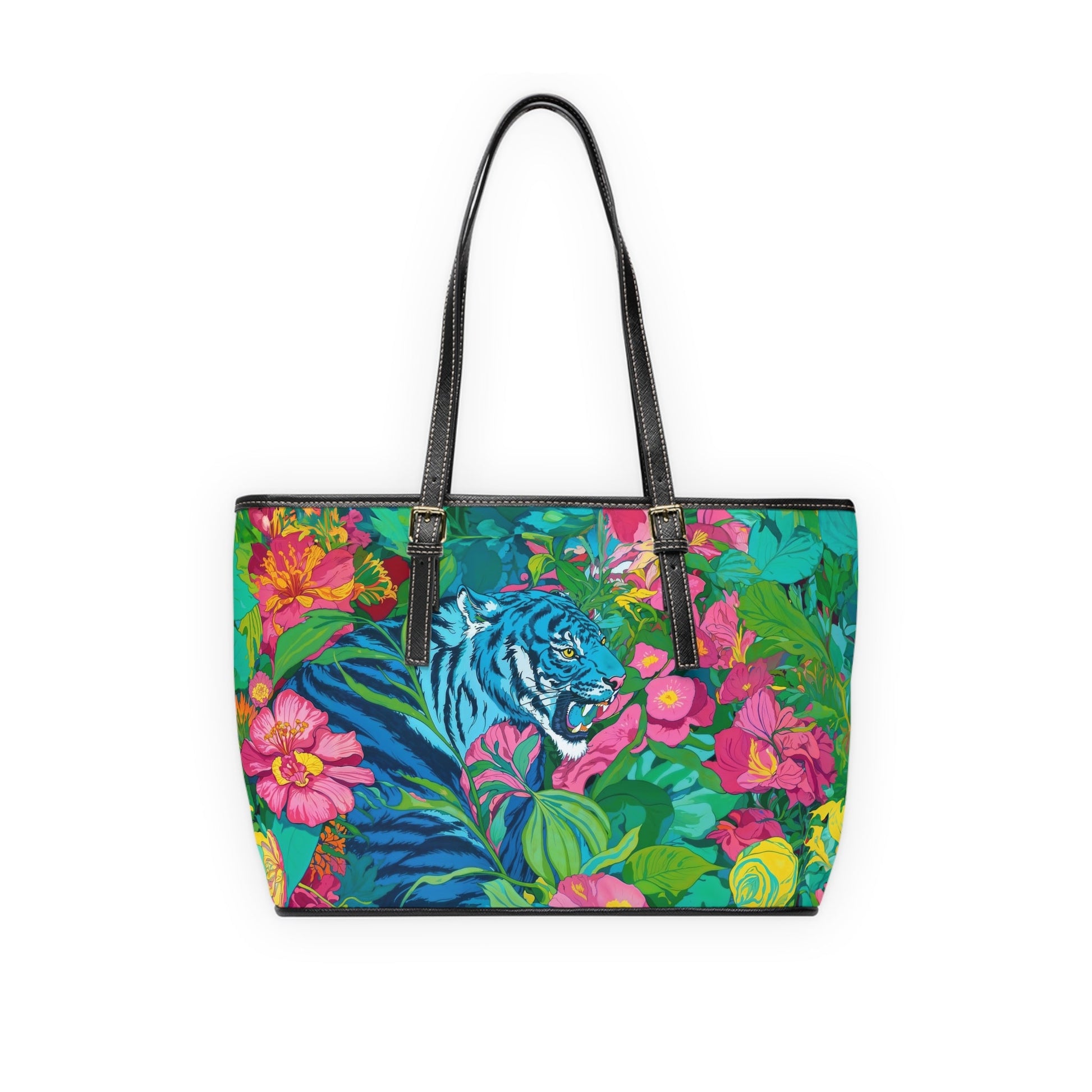 PU Leather Shoulder Bag - Blue Tiger in Jungle Illustration - LucyKay store