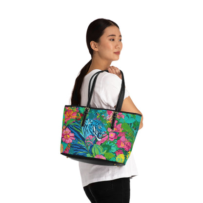 PU Leather Shoulder Bag - Blue Tiger in Jungle Illustration - LucyKay store