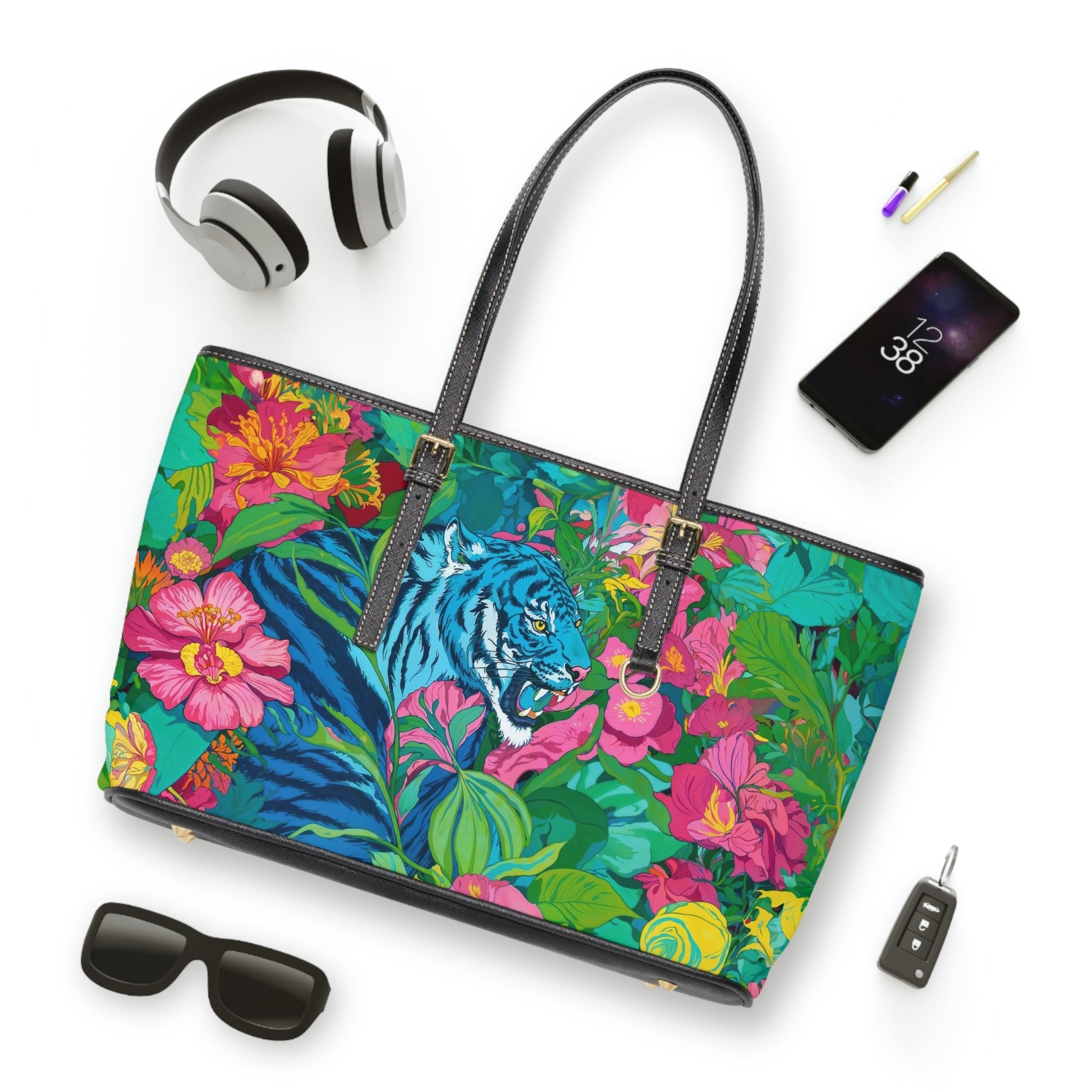 PU Leather Shoulder Bag - Blue Tiger in Jungle Illustration - LucyKay store