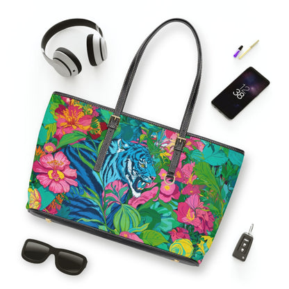 PU Leather Shoulder Bag - Blue Tiger in Jungle Illustration - LucyKay store