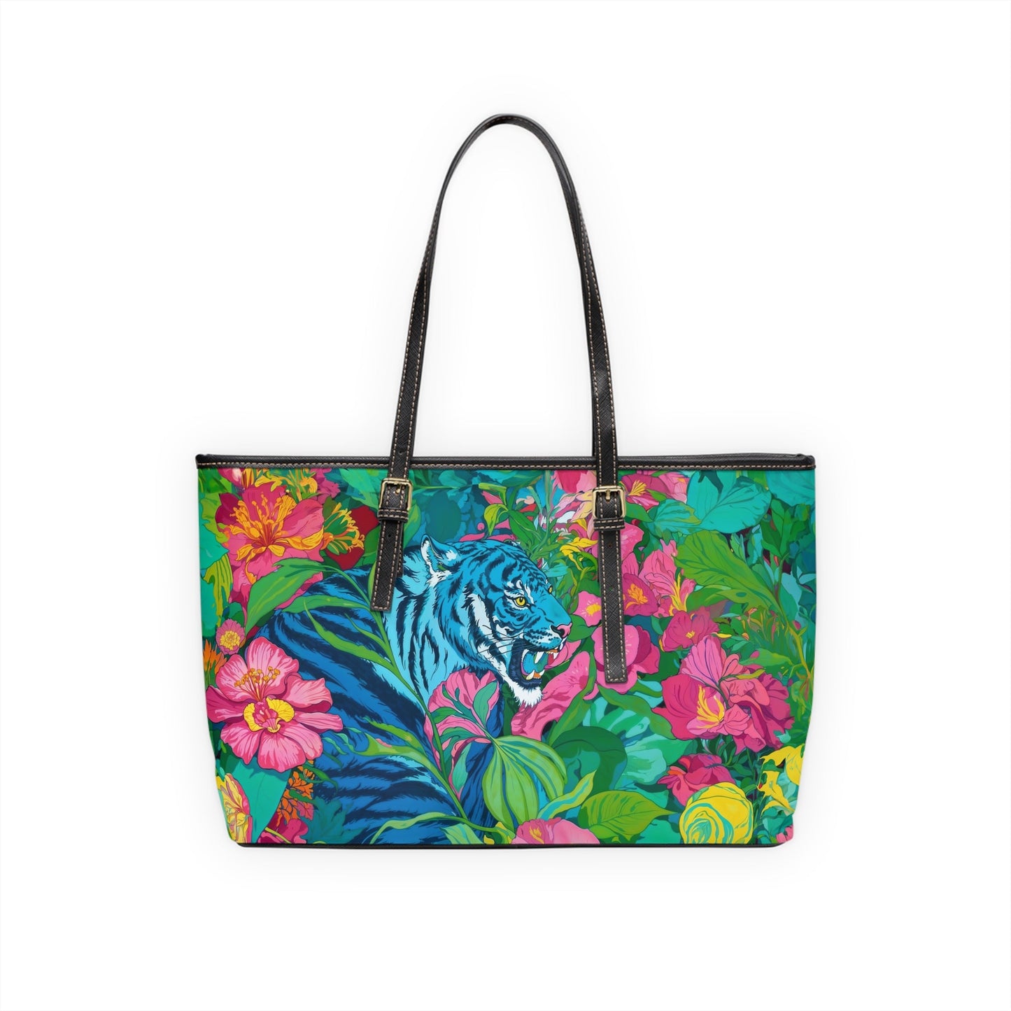 PU Leather Shoulder Bag - Blue Tiger in Jungle Illustration - LucyKay store
