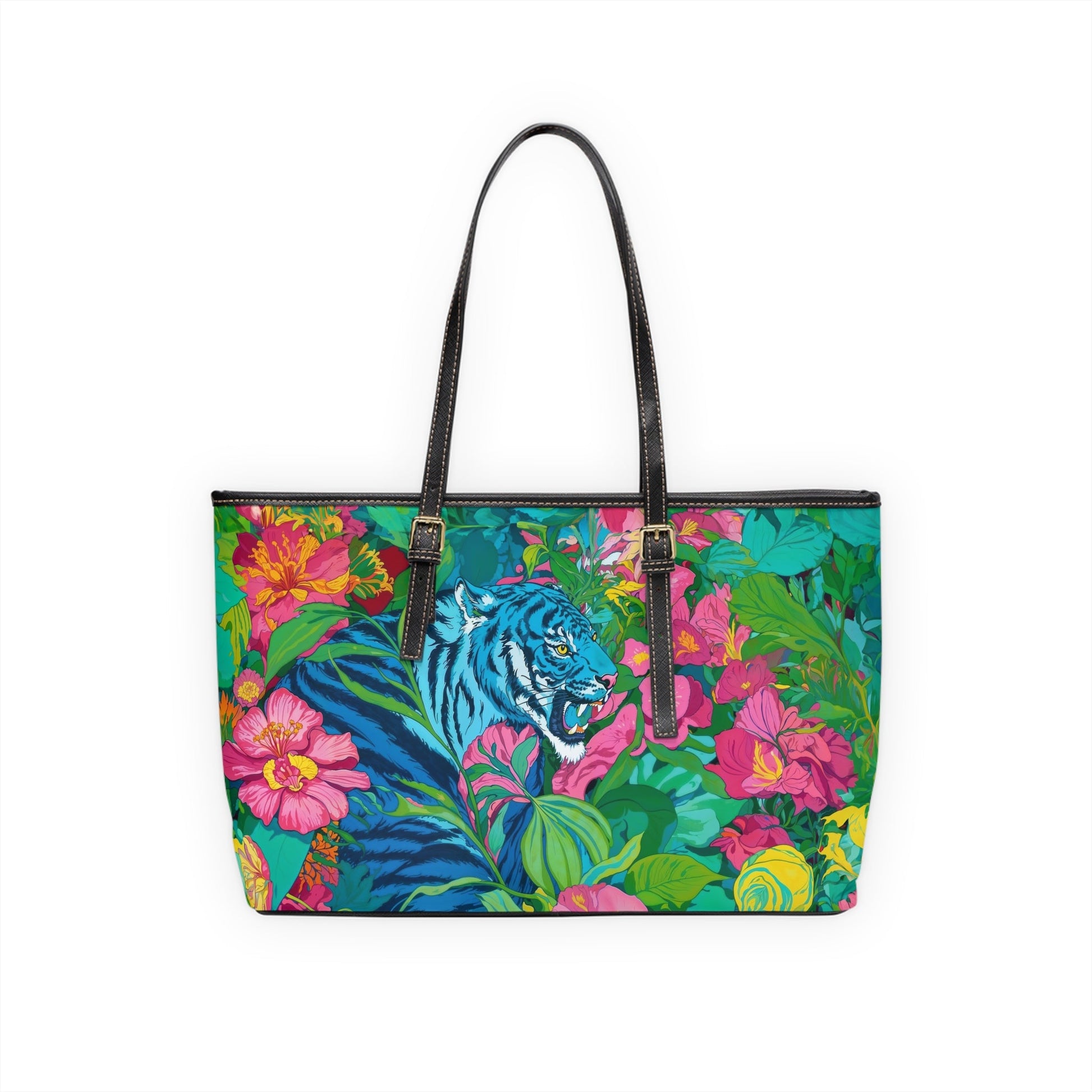 PU Leather Shoulder Bag - Blue Tiger in Jungle Illustration - LucyKay store