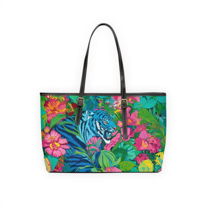 PU Leather Shoulder Bag - Blue Tiger in Jungle Illustration - LucyKay store