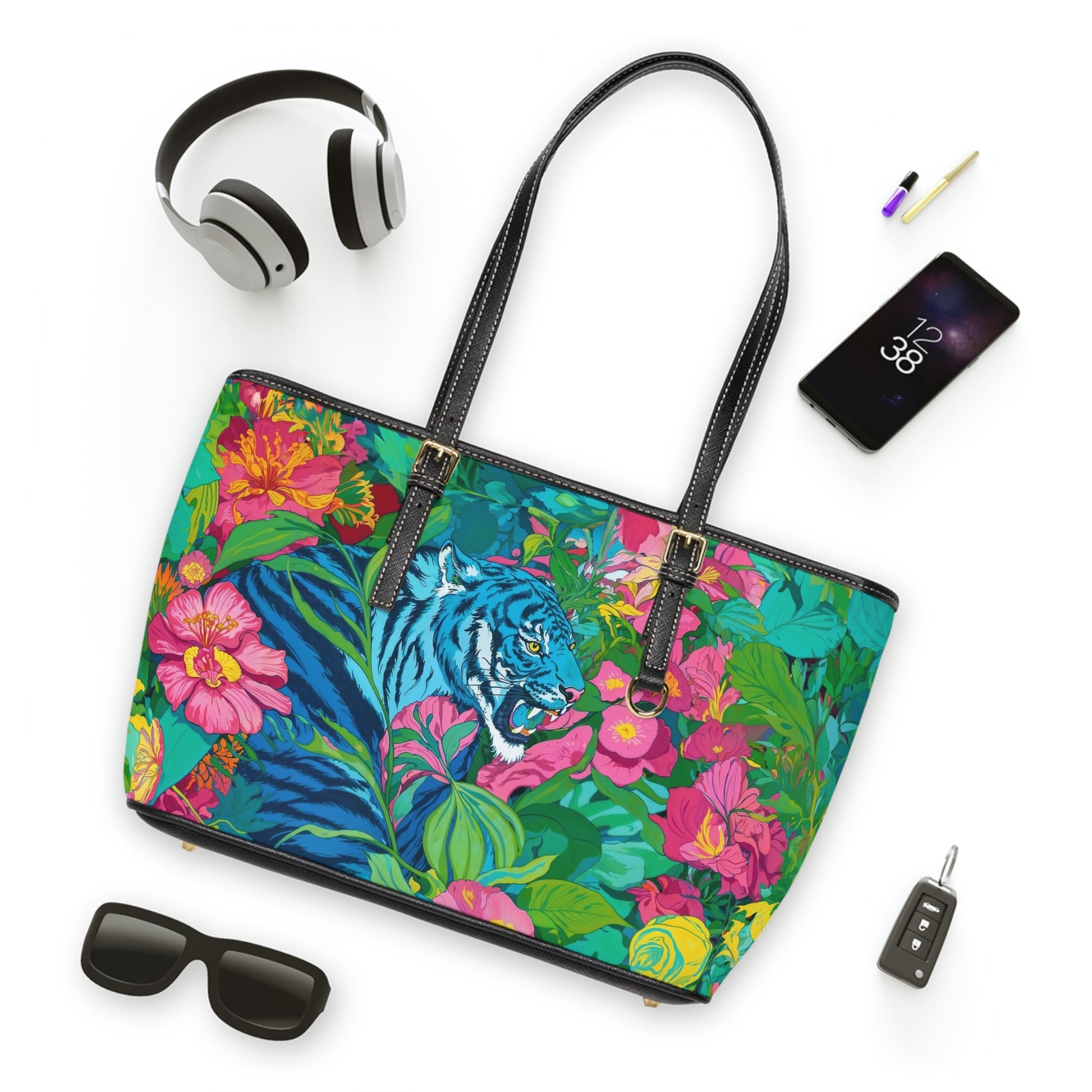 PU Leather Shoulder Bag - Blue Tiger in Jungle Illustration - LucyKay store