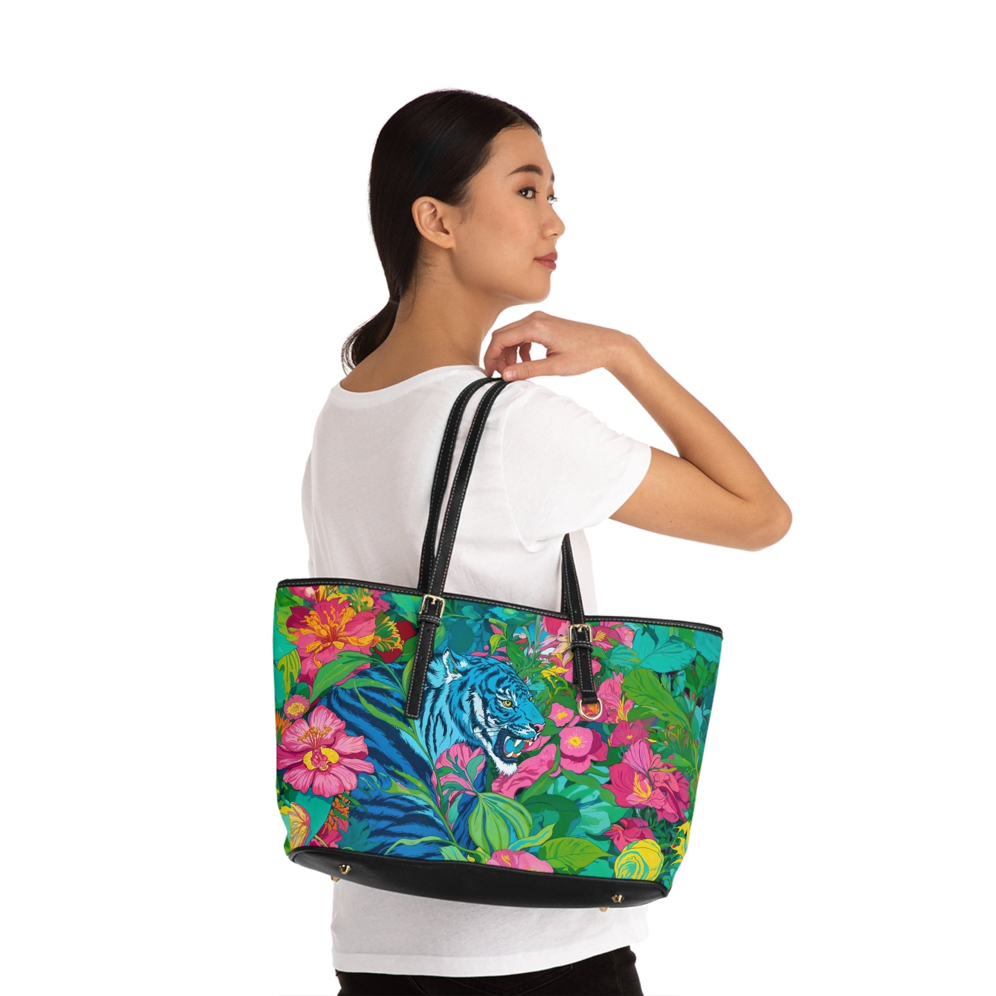 PU Leather Shoulder Bag - Blue Tiger in Jungle Illustration - LucyKay store