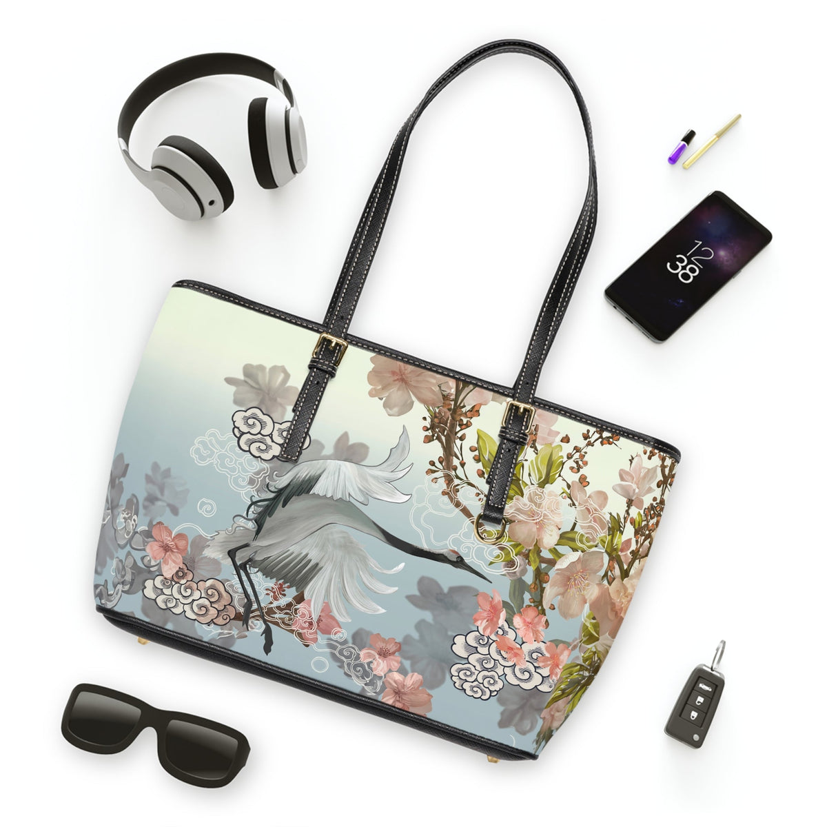 PU Leather Shoulder Bag - Elegant Cranes and Blossoms - LucyKay store