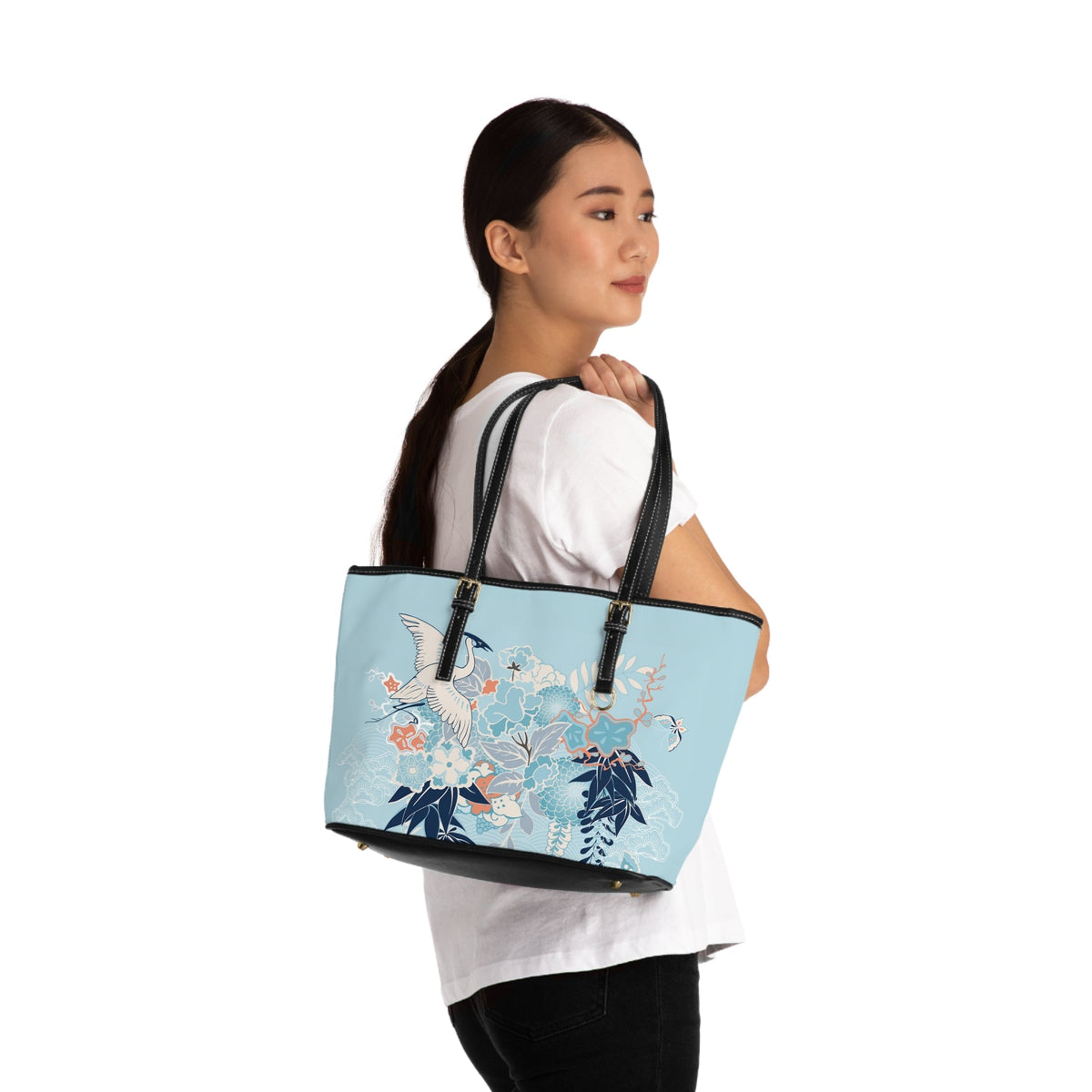 PU Leather Shoulder Bag - Tranquil Cranes and Floral Harmony - LucyKay store