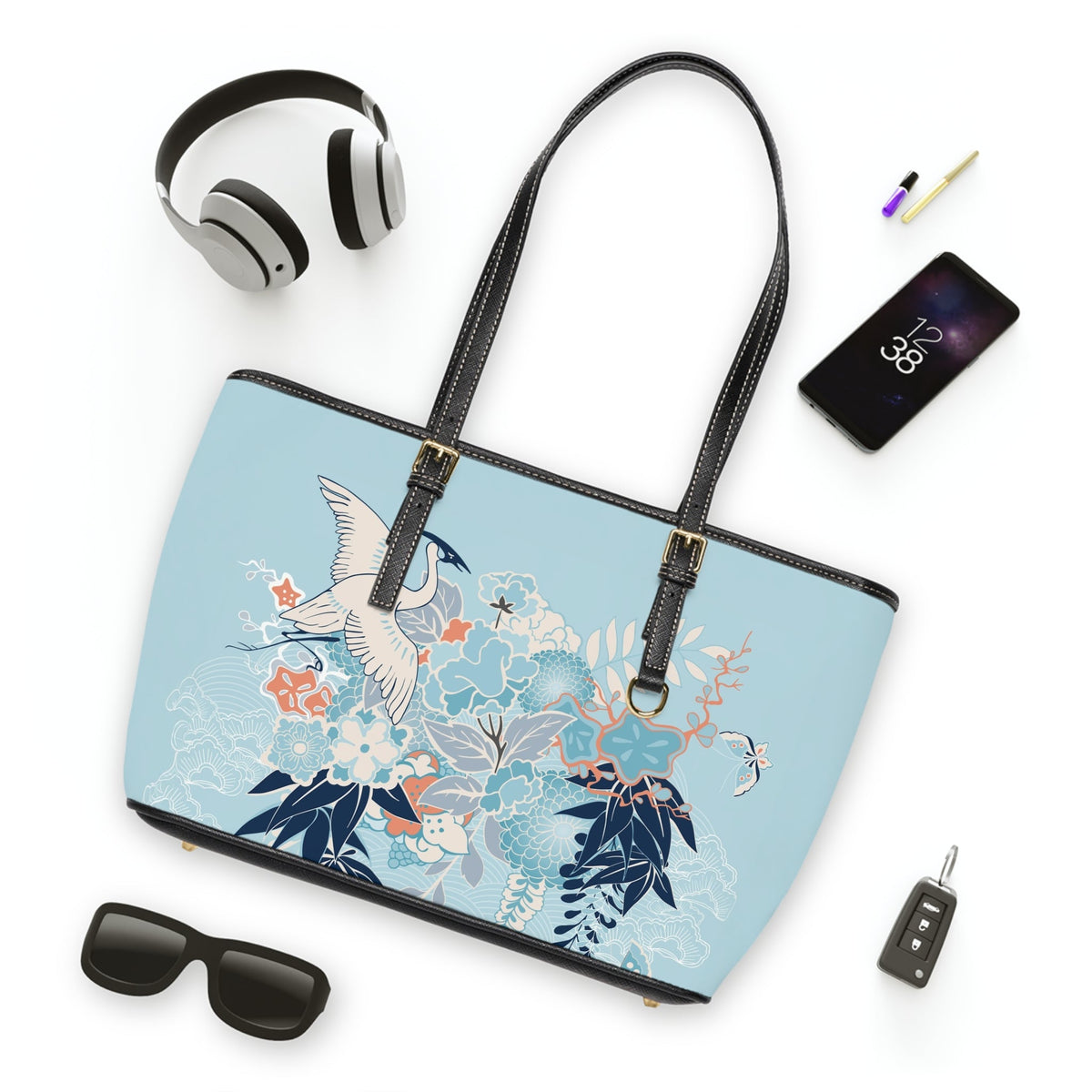 PU Leather Shoulder Bag - Tranquil Cranes and Floral Harmony - LucyKay store
