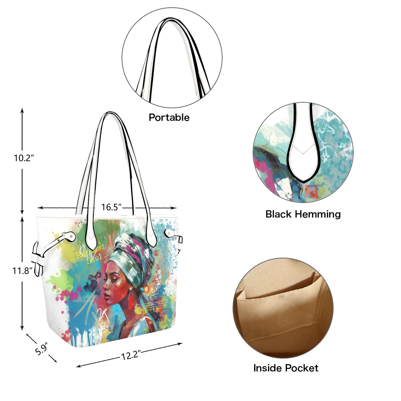 PU Leather Tote Bag with Vibrant Woman Portrait - LucyKay store