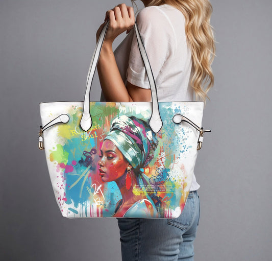 PU Leather Tote Bag with Vibrant Woman Portrait - LucyKay store