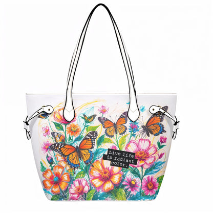 Vibrant Butterfly & Floral Tote Bag - PU Leather Carryall - LucyKay store